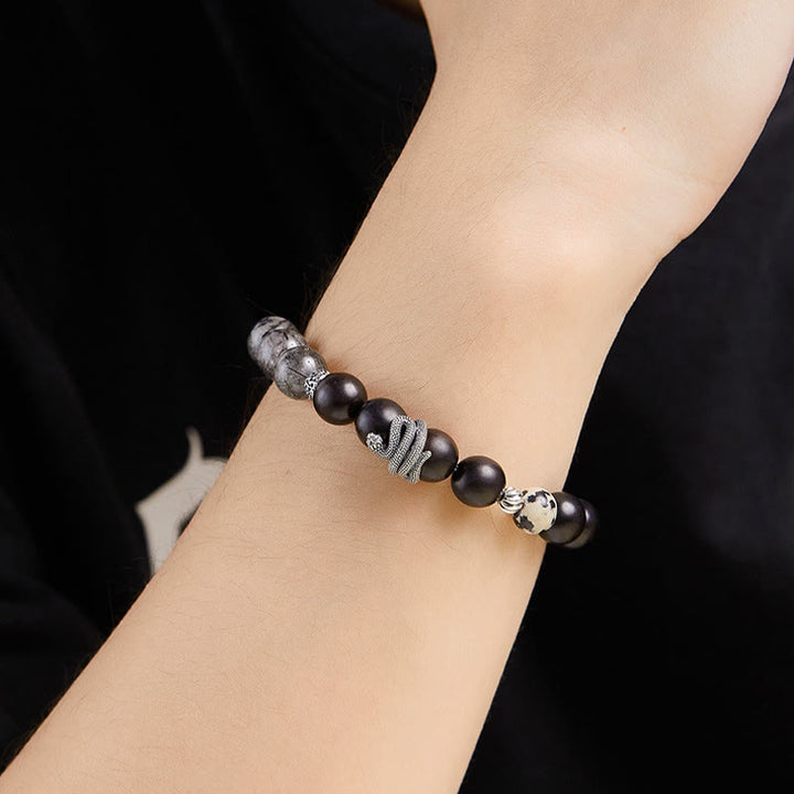 Buddha Stones Hebanowe Czarny Kwarc Rutilowany 925 Srebro Sterling Bransoletka Rok Węża Równowaga