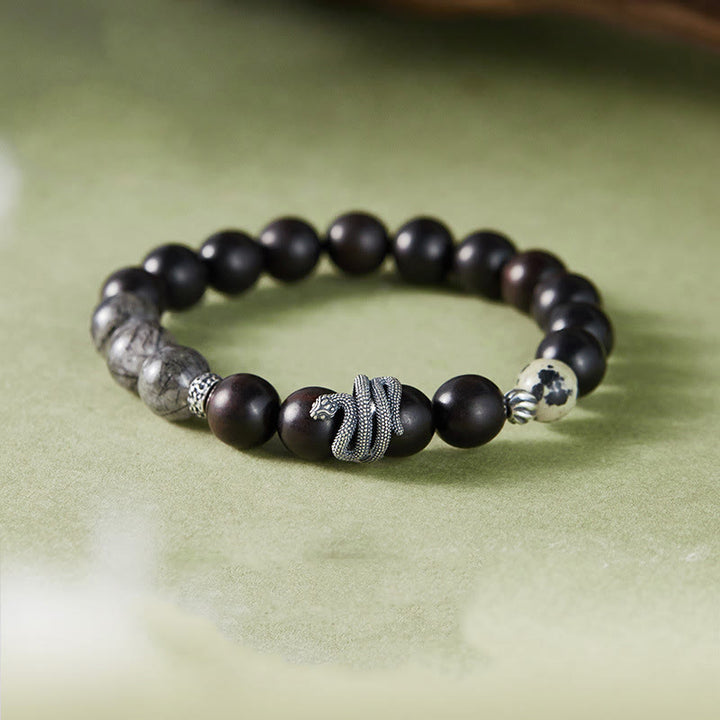 Buddha Stones Hebanowe Czarny Kwarc Rutilowany 925 Srebro Sterling Bransoletka Rok Węża Równowaga