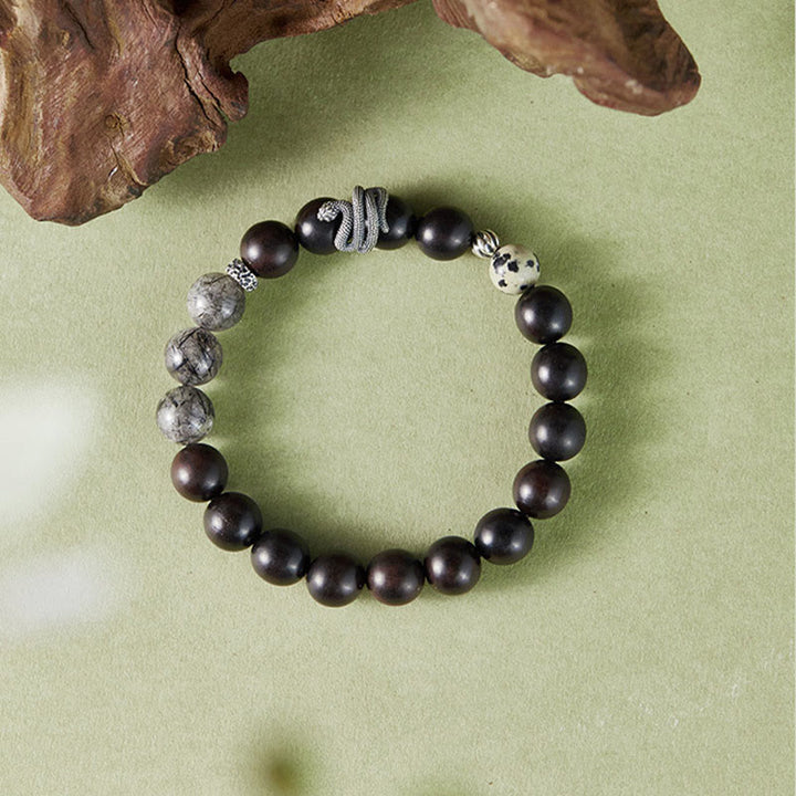 Buddha Stones Hebanowe Czarny Kwarc Rutilowany 925 Srebro Sterling Bransoletka Rok Węża Równowaga