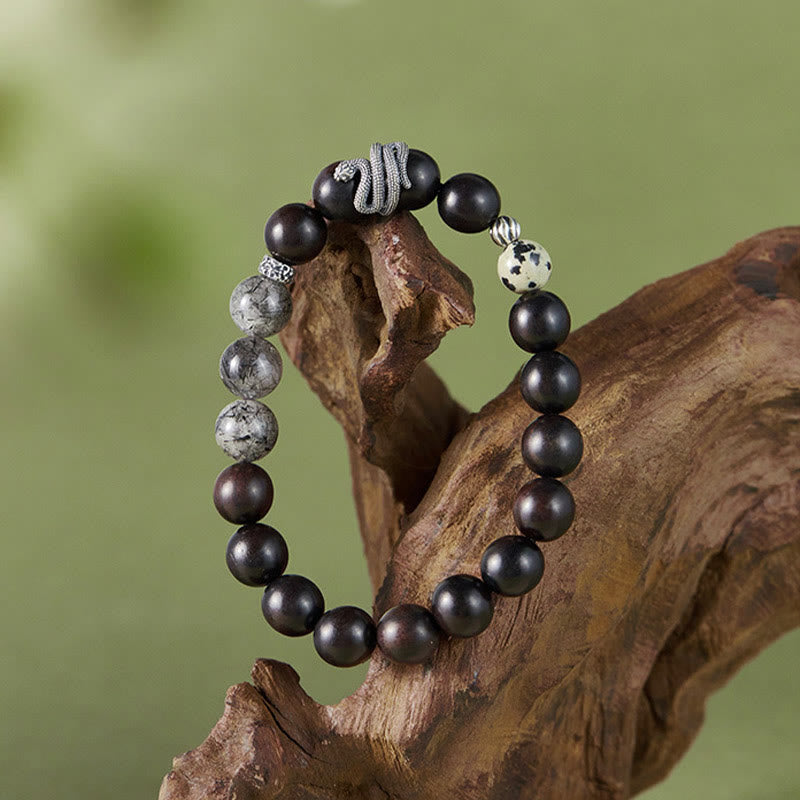 Buddha Stones Hebanowe Czarny Kwarc Rutilowany 925 Srebro Sterling Bransoletka Rok Węża Równowaga