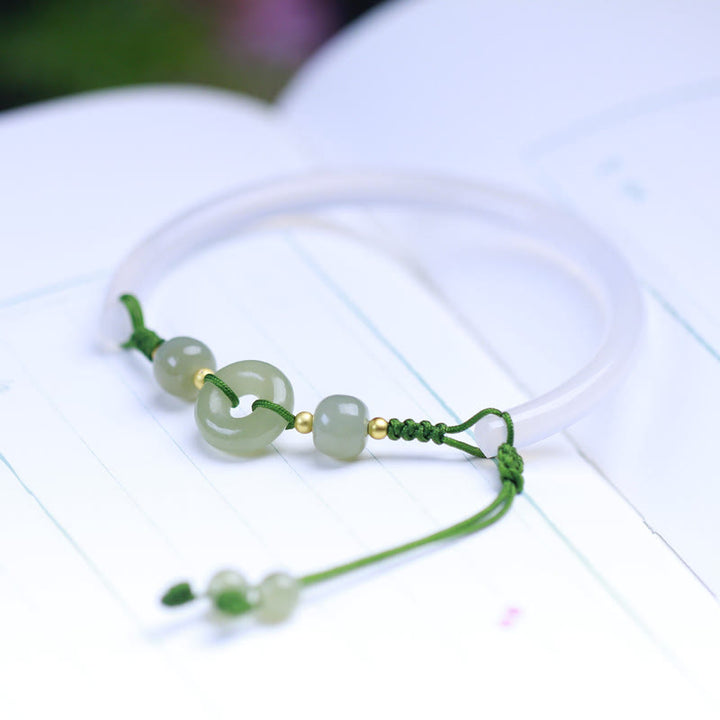 Buddha Stones Naturalny Biały Agat Hetian Jade Koraliki Pokoju Klamra Pozytywna Bransoletka Bangle