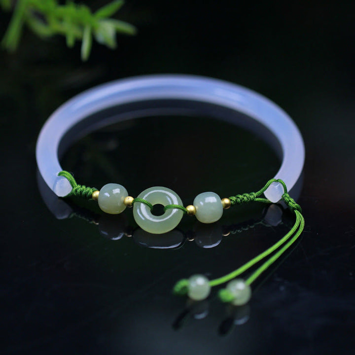Buddha Stones Naturalny Biały Agat Hetian Jade Koraliki Pokoju Klamra Pozytywna Bransoletka Bangle