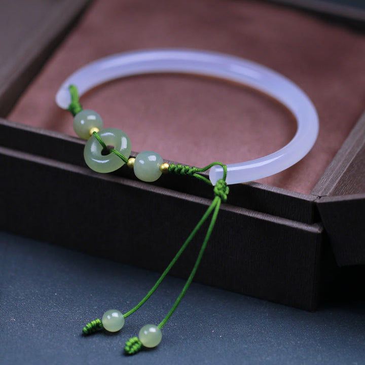 Buddha Stones Naturalny Biały Agat Hetian Jade Koraliki Pokoju Klamra Pozytywna Bransoletka Bangle