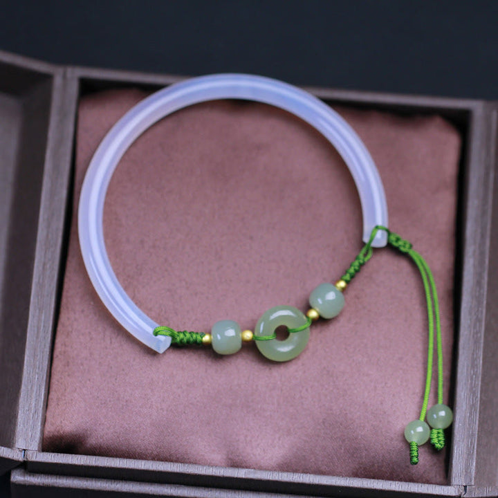 Buddha Stones Naturalny Biały Agat Hetian Jade Koraliki Pokoju Klamra Pozytywna Bransoletka Bangle