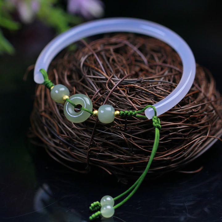 Buddha Stones Naturalny Biały Agat Hetian Jade Koraliki Pokoju Klamra Pozytywna Bransoletka Bangle