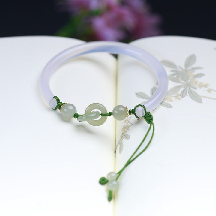 Buddha Stones Naturalne Białe Agaty Hetian Jade Koraliki Bransoletka z Przeplatającymi Się Pozytywnymi Bransoletkami
