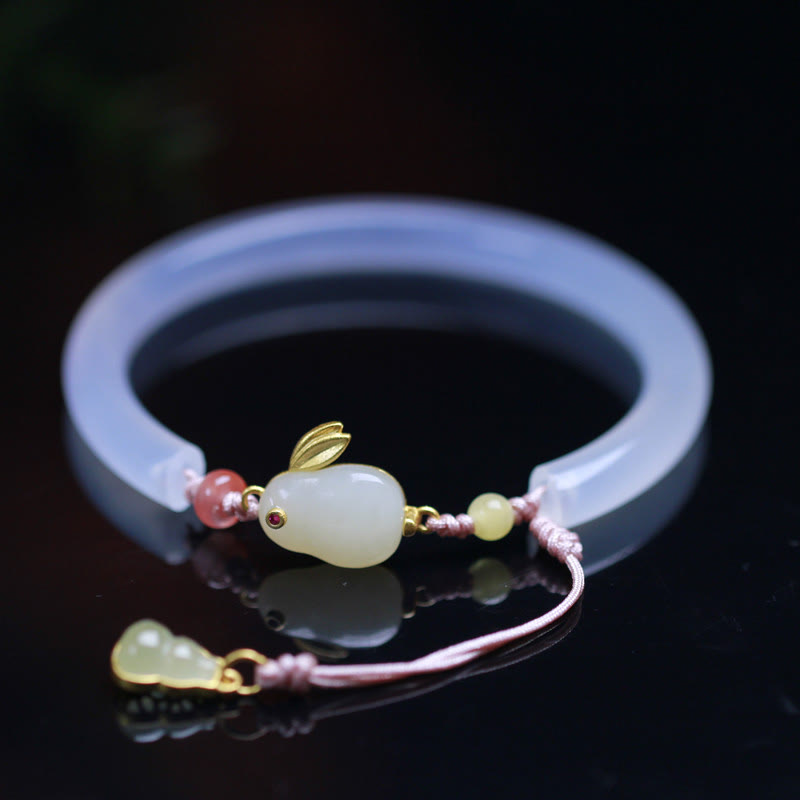 Buddha Stones Naturalny Biały Agat Hetian Jade Królik Pozytywna Bransoletka Bangle