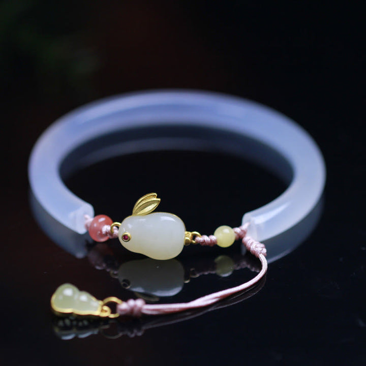 Buddha Stones Naturalny Biały Agat Hetian Jade Królik Pozytywna Bransoletka Bangle