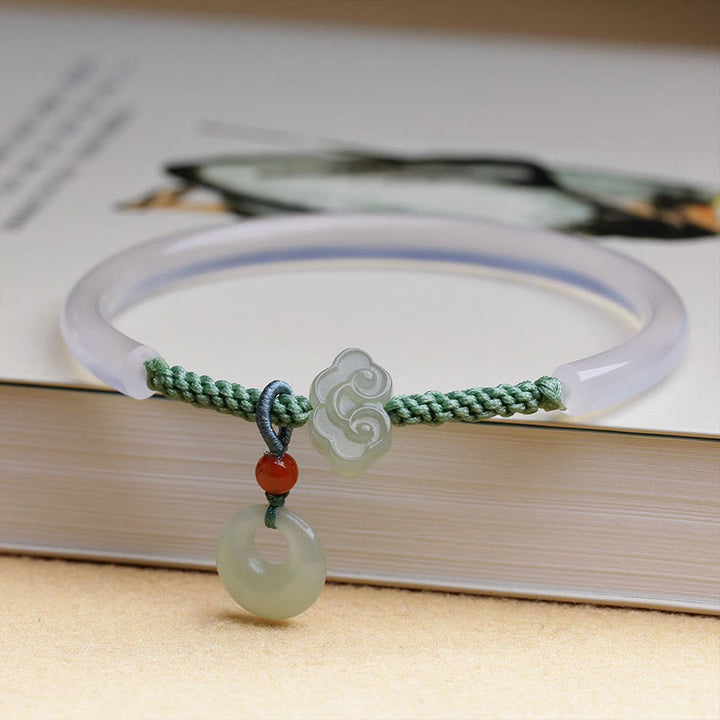 Buddha Stones Naturalny Biały Agat Hetian Jade Pokoju Klamra Pomyślne Chmury Pozytywna Bransoletka Bangle
