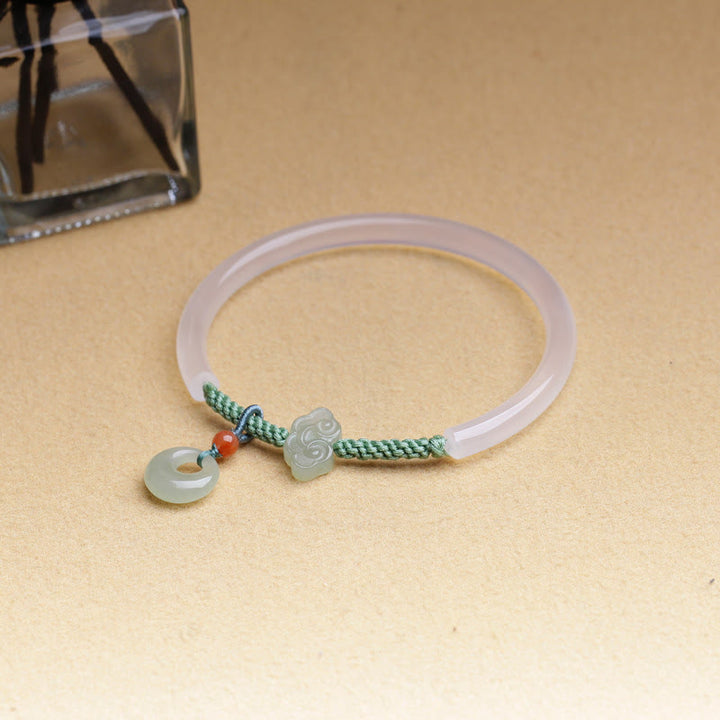 Buddha Stones Naturalny Biały Agat Hetian Jade Pokoju Klamra Pomyślne Chmury Pozytywna Bransoletka Bangle