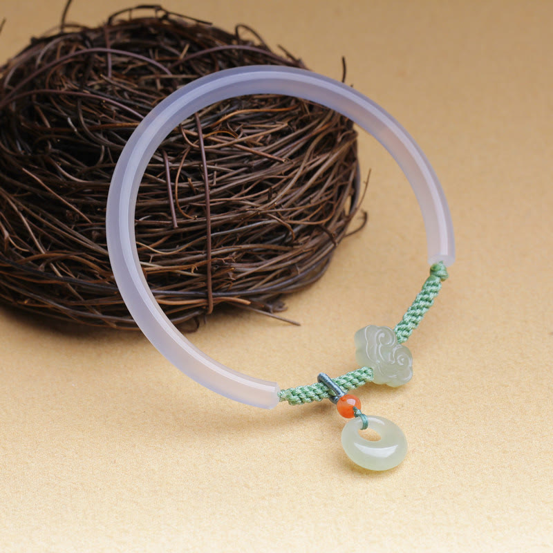 Buddha Stones Naturalny Biały Agat Hetian Jade Pokoju Klamra Pomyślne Chmury Pozytywna Bransoletka Bangle