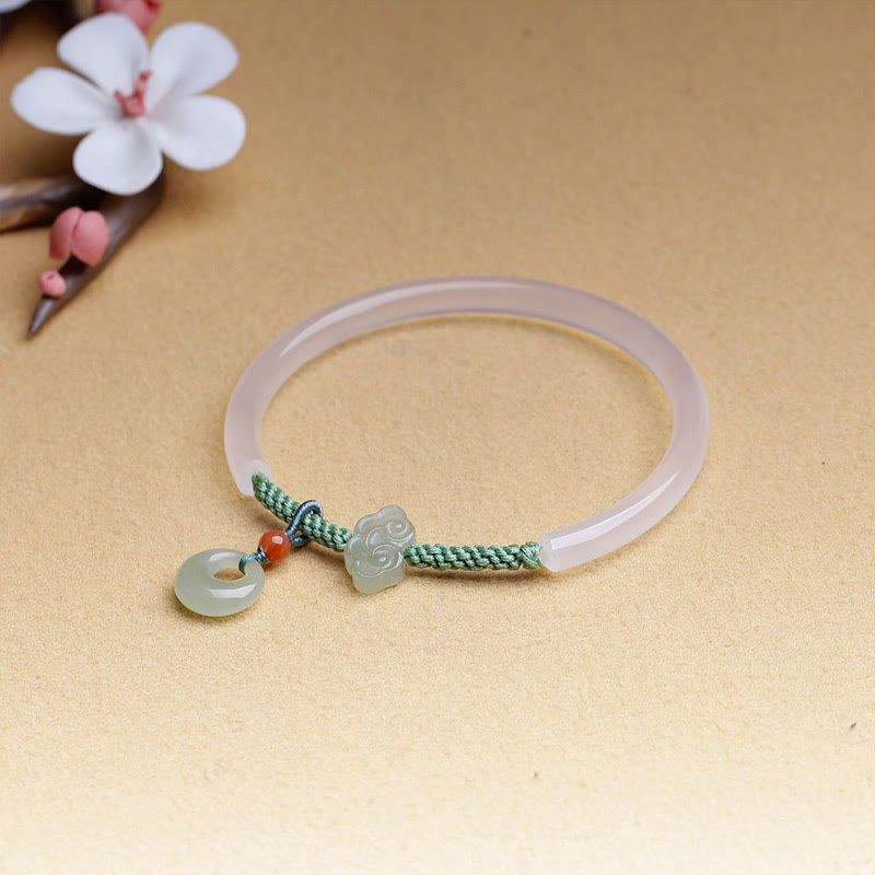 Buddha Stones Naturalny Biały Agat Hetian Jade Pokoju Klamra Pomyślne Chmury Pozytywna Bransoletka Bangle