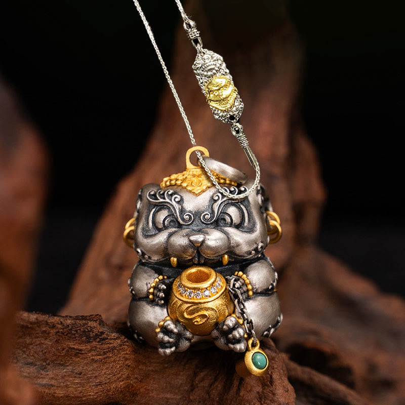 Buddha Stones 925 Srebro Sterling Tybetański Skarb-plujący Szczur Ochrona Naszyjnik Wisiorek