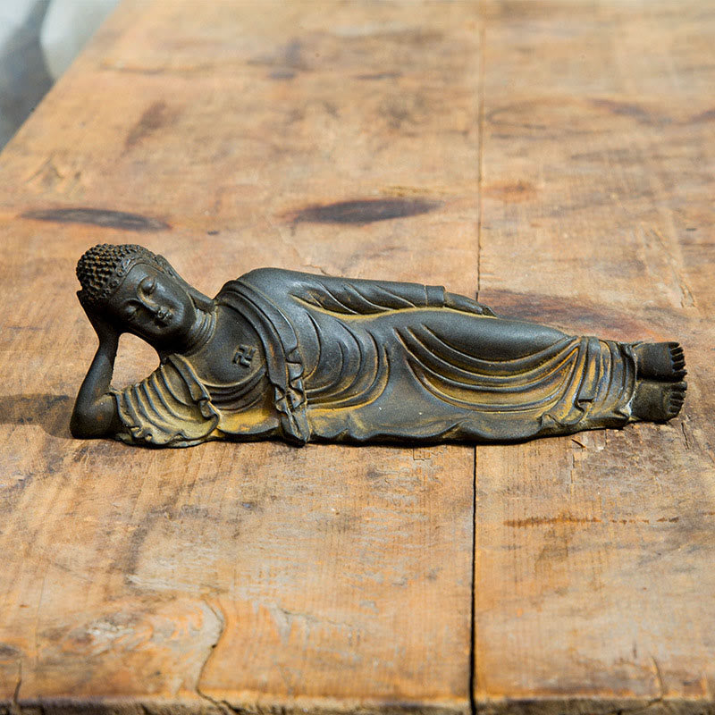 Buddha Stones Leżący Budda Siakjamuni Żelazo Proszek Rdza Odlew Żywicy Statua Dekoracja Domu - Wersja rdzawa 17,5*5,5 cm - image 0