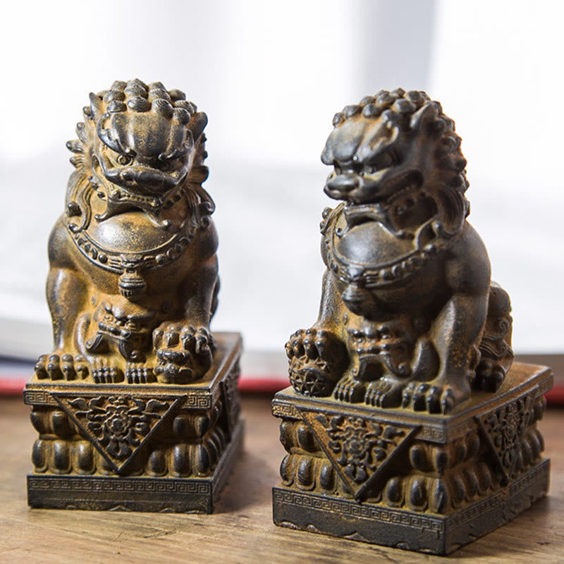 Buddha Stones Ręcznie robione Lwy Fu Foo Psy Żelazo Proszek Rdza Odlew Żywicy Statua Odpędzająca Zło Ochrona Dekoracja Domu
