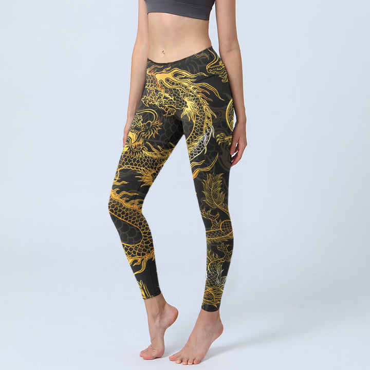 Leginsy do jogi damskie z nadrukiem Golden Dragon Buddha Stones - Czarny - US18, UK/AU22, EU50 (4XL) - image 1