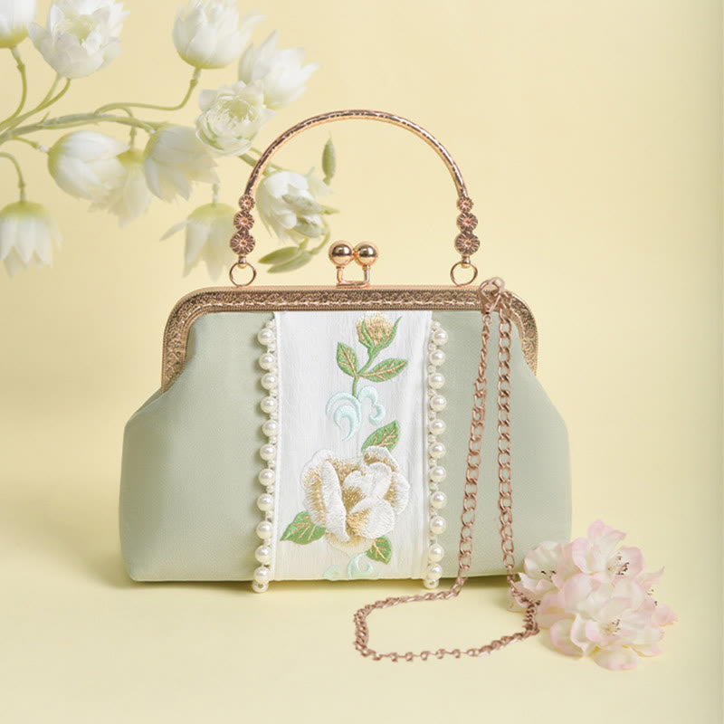 Buddha Stones Dwustronne kwiaty Haft Perła Wisiorek Metalowy Łańcuch Torba Crossbody Torebki