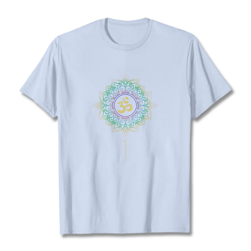 Buddha Stones OM Żółto-zielony Gradientowy Lotos Bawełniana Koszulka T-shirt - Jasnoniebieski - 2XL - image 7