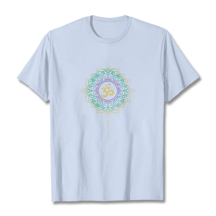 Buddha Stones OM Żółto-zielony Gradientowy Lotos Bawełniana Koszulka T-shirt - Jasnoniebieski - 2XL - image 7