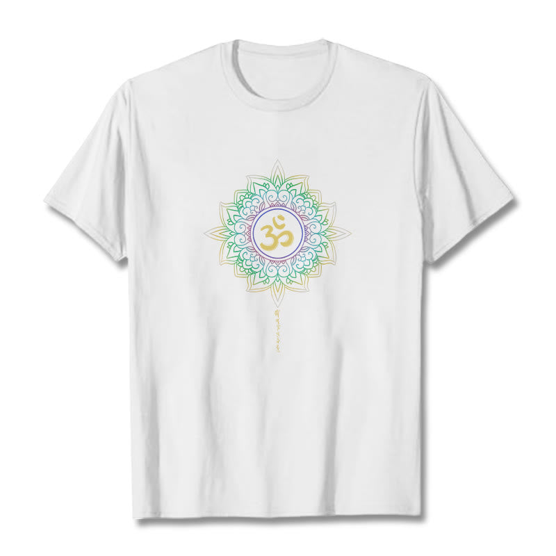 Buddha Stones OM Żółto-zielony Gradientowy Lotos Bawełniana Koszulka T-shirt - Biały - 2XL - image 9