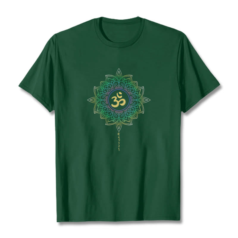 Buddha Stones OM Żółto-zielony Gradientowy Lotos Bawełniana Koszulka T-shirt - ForestGreen - 2XL - image 0