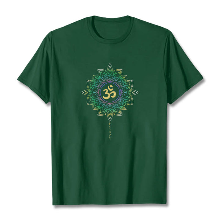 Buddha Stones OM Żółto-zielony Gradientowy Lotos Bawełniana Koszulka T-shirt - ForestGreen - 2XL - image 0