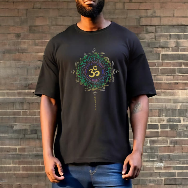 Buddha Stones OM Żółto-zielony Gradientowy Lotos Bawełniana Koszulka T-shirt - image 5