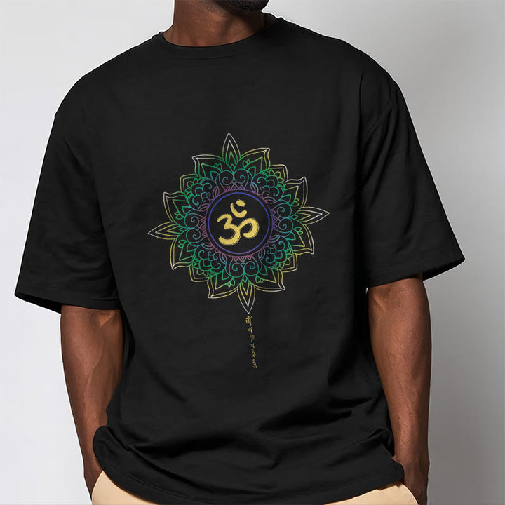 Buddha Stones OM Żółto-zielony Gradientowy Lotos Bawełniana Koszulka T-shirt - image 4