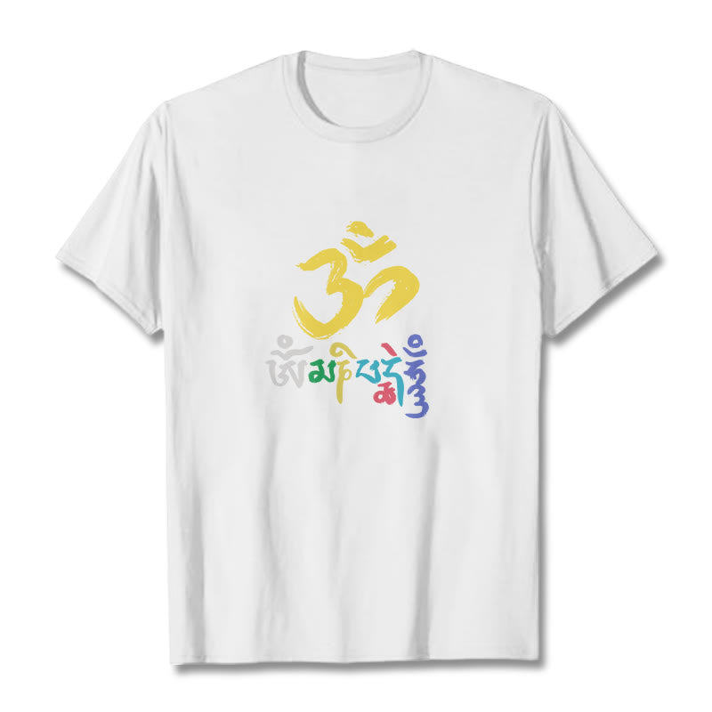 Buddha Stones Kolorowa Om Mani Padme Hum Bawełniana Koszulka T-shirt - Biały - 2XL - image 11