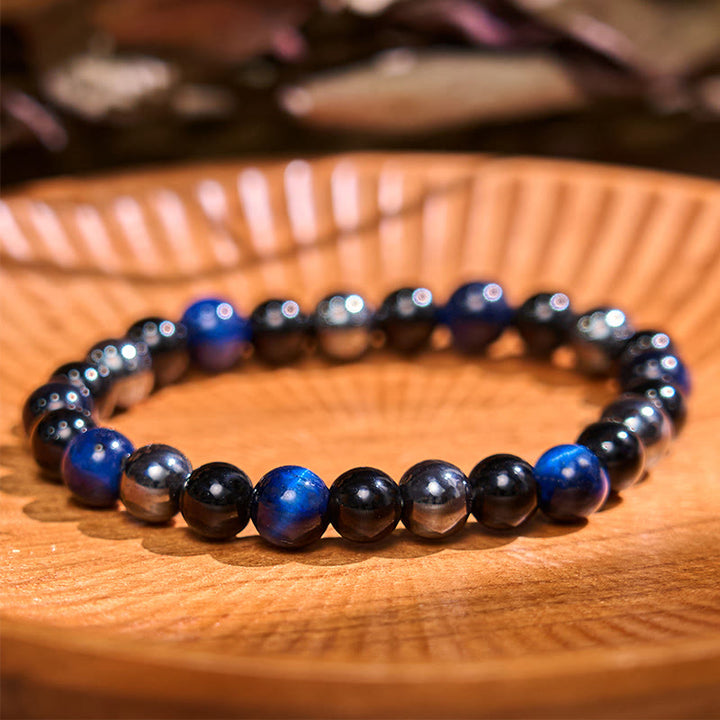 Bransoletka uspokajająca z kamieniem Buddy, różnymi kryształami, malachitem, lazurytem, ​​lapis lazuli i hemimorfitem - Lazuryt, tygrysie oko, obsydian, hematyt (obwód nadgarstka: 14-18 cm) - image 75