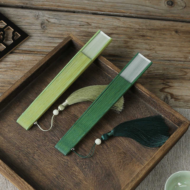 Buddha Stones Jednolity Kolor Ważka Chwost Ręczny Morwowy Jedwab Bambusowy Składany Wachlarz