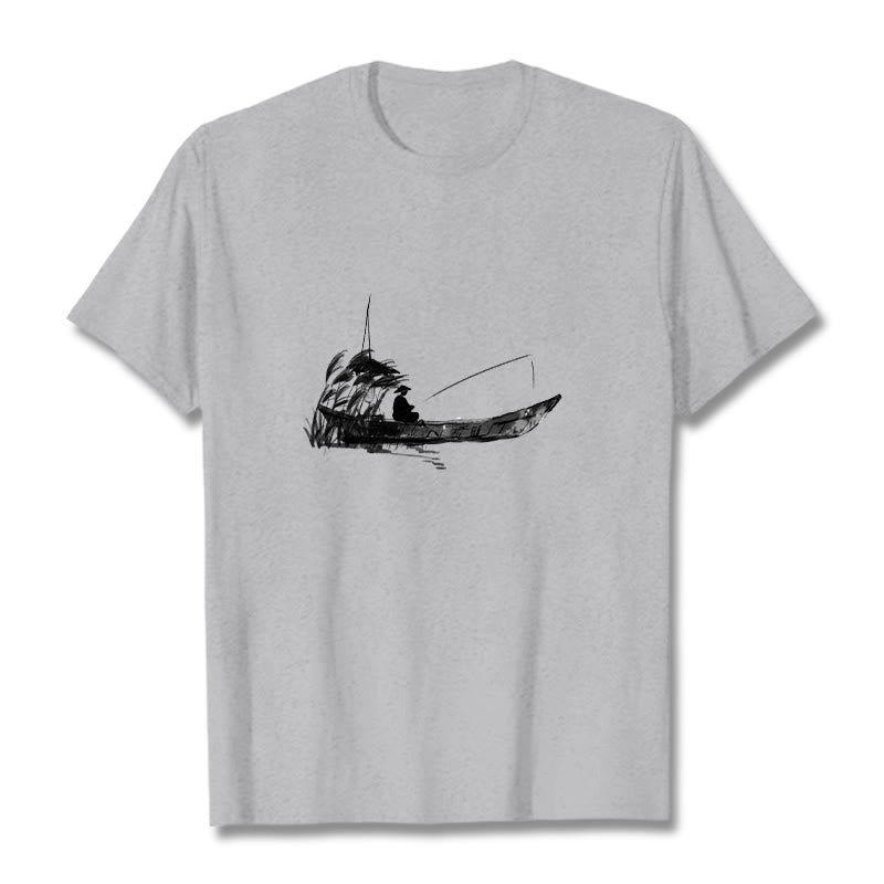 Koszulka z nadrukiem z motywem trawy i łodzi z motywem Buddha Stones - Jasnoszary - 2XL - image 1