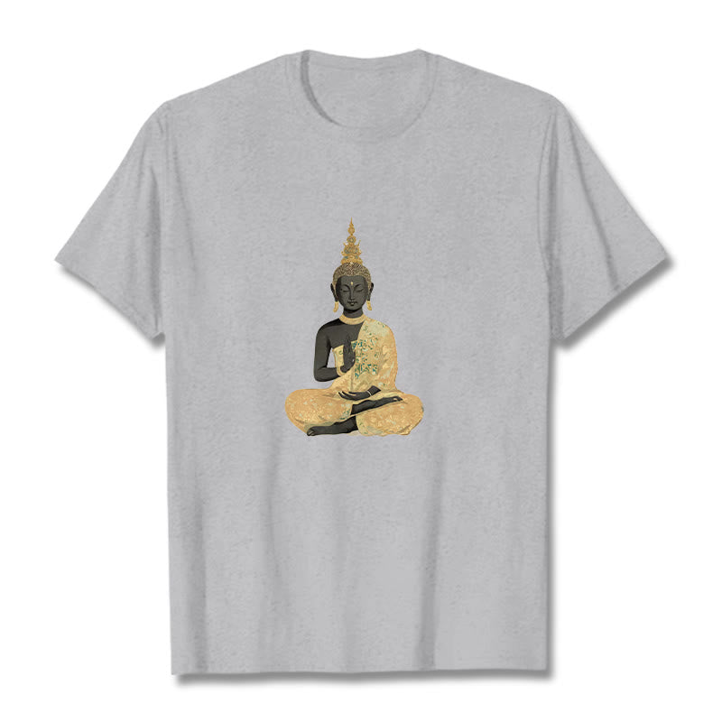 Koszulka z nadrukiem Buddha Stones Buddy Medytujący Budda Wzór Bawełna T-shirt - Jasnoszary - 2XL - image 14