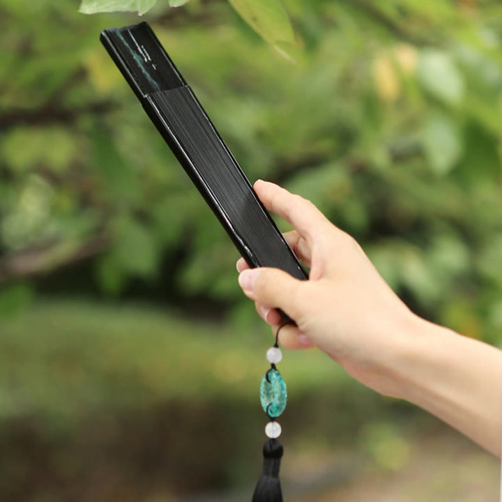 Buddha Stones Retro Góra Rzeka Żuraw Jedwab Ręczny Bambusowy Składany Wentylator