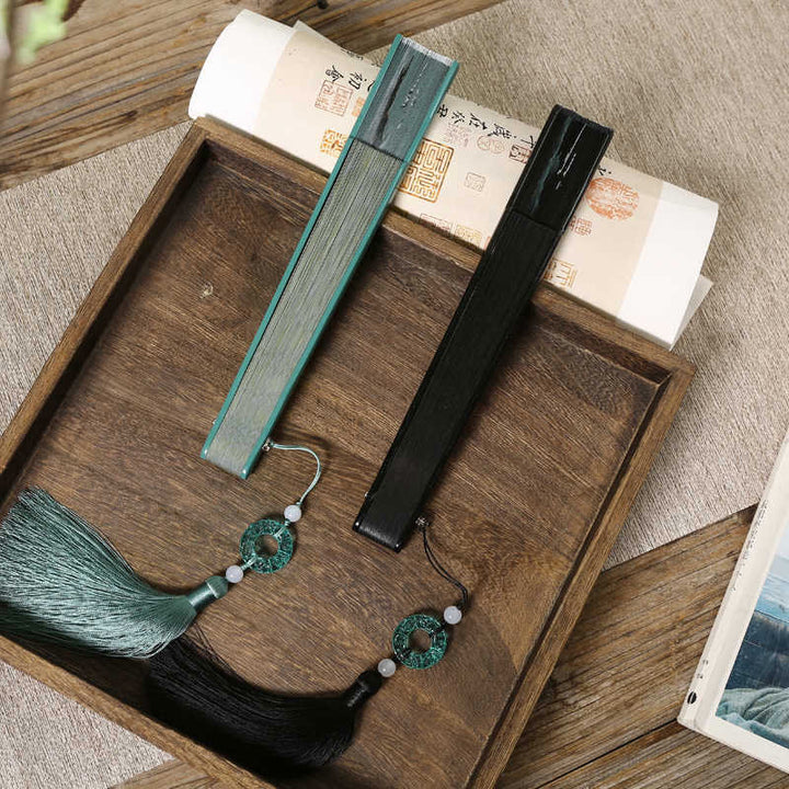 Buddha Stones Retro Góra Rzeka Żuraw Jedwab Ręczny Bambusowy Składany Wentylator