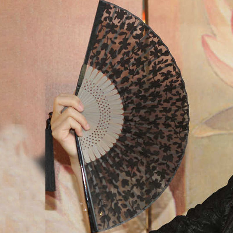 Buddha Stones Retro Liście Kwiat Jedwab Ręczny Składany Wachlarz Bambusowy