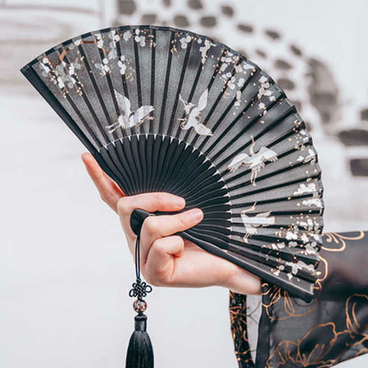 Buddha Stones Plum Blossom Crane Silk Ręczny składany wachlarz bambusowy