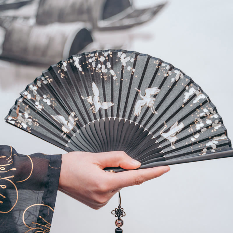 Buddha Stones Plum Blossom Crane Silk Ręczny składany wachlarz bambusowy