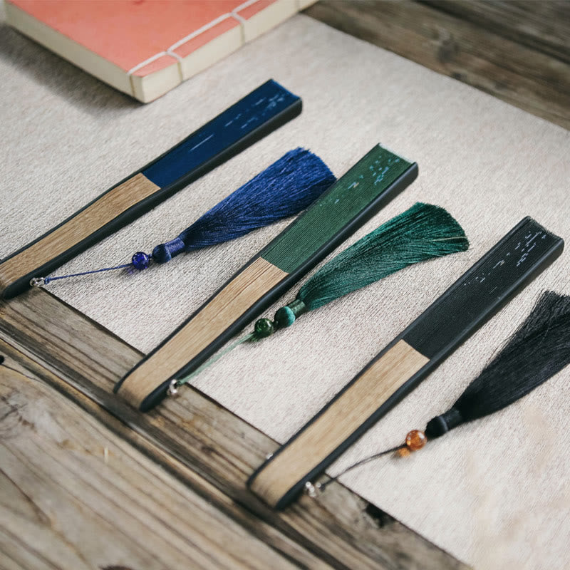 Buddha Stones Firefly Bamboo Leaves Pattern Tassels Ręczny bambusowy składany wentylator