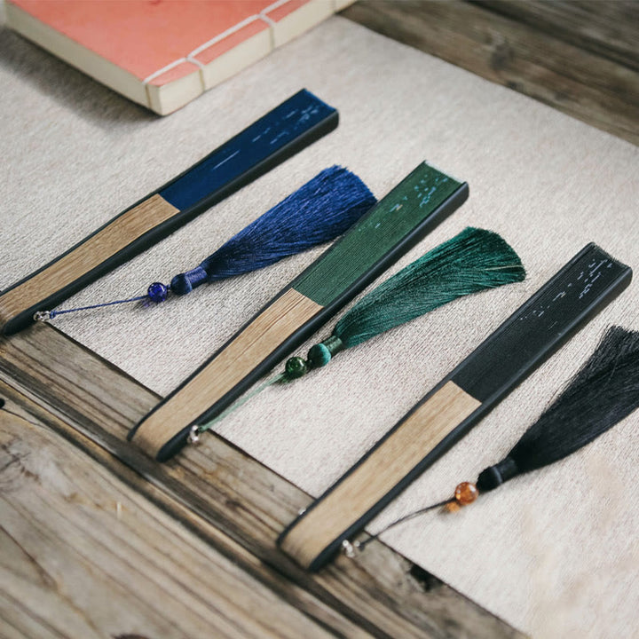 Buddha Stones Firefly Bamboo Leaves Pattern Tassels Ręczny bambusowy składany wentylator