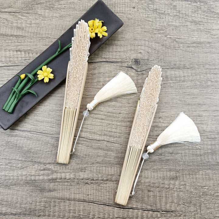 Buddha Stones Róża Haft Koronka Muszla Kształt Frędzle Ręczny Składany Wachlarz Bambusowy