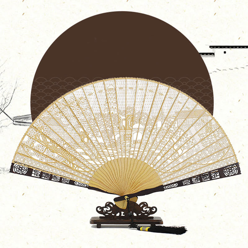 Buddha Stones Pusta Rzeźba Suzhou Ogród Tygrys Wzgórze Wzór Ręczny Birmański Drewniany Składany Wachlarz