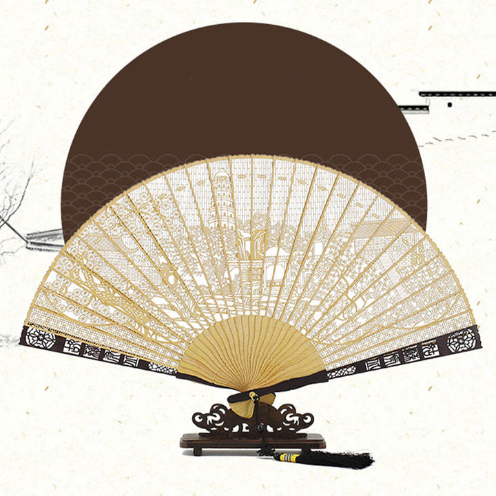 Buddha Stones Pusta Rzeźba Suzhou Ogród Tygrys Wzgórze Wzór Ręczny Birmański Drewniany Składany Wachlarz