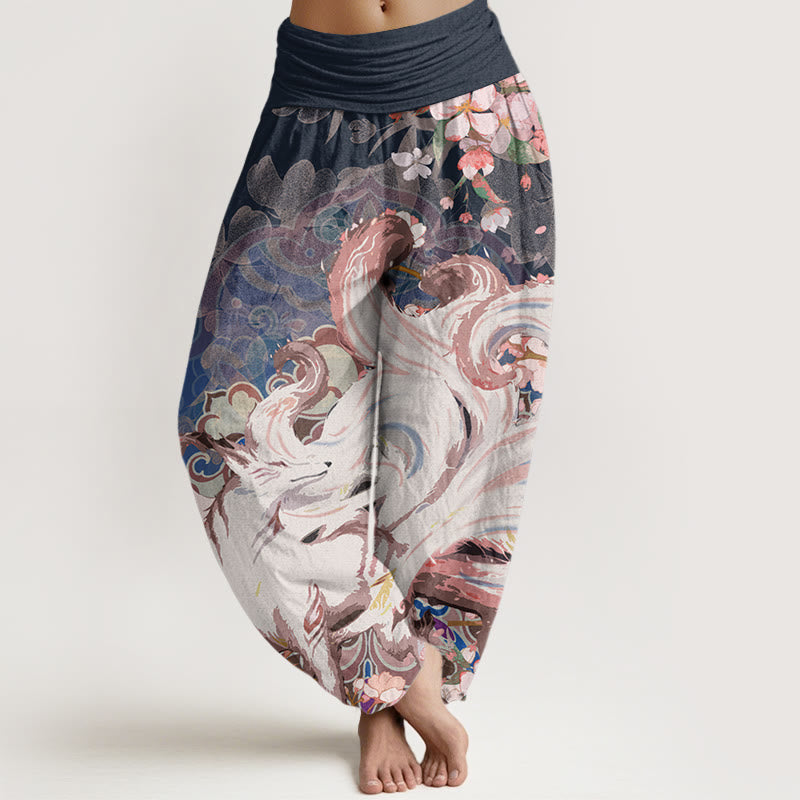 Spodnie haremowe damskie z elastycznym pasem Buddha Stones Fox Cherry Blossoms - MidnightBlue - US22, UK/AU26, EU54 (6XL) - image 1
