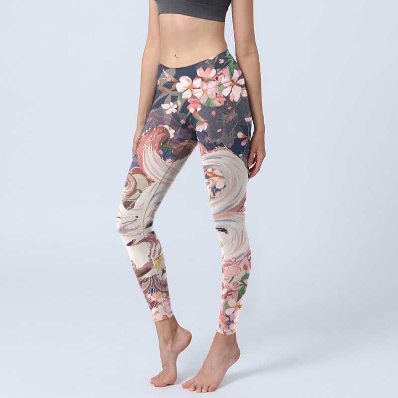 Leginsy do jogi damskie Buddha Stones Fox Cherry Blossoms Gym - MidnightBlue - US18, UK/AU22, EU50 (4XL) - image 1