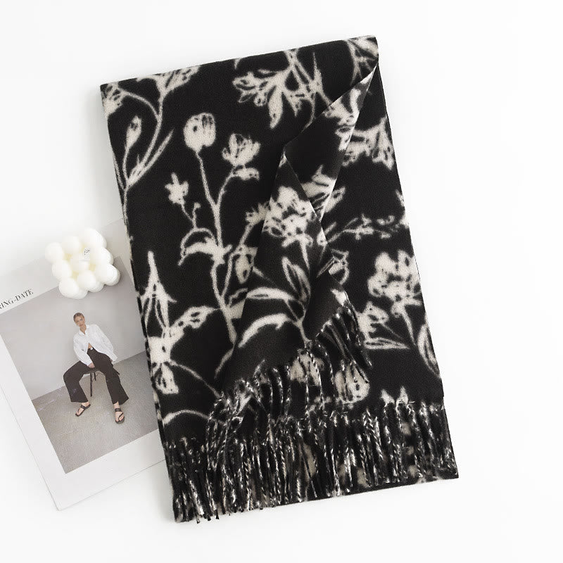Buddha Stones Tybetański szal Kwitnące gałęzie kwiatów Drukuj frędzle Jesień Zima Przytulny Ciepły Szalik Otulacz - Czarny kwiat skierowany w górę 180*65cm - image 3