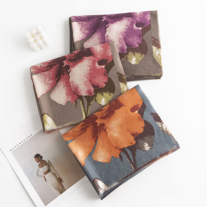 Buddha Stones Tybetański Szal Artystyczny Styl Hibiskus Syriacus Nadruk Jesień Zima Przytulny Ciepły Szalik Otulacz - image 1