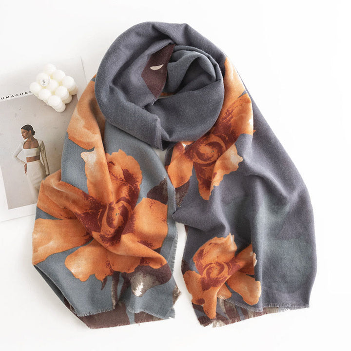 Buddha Stones Tybetański Szal Artystyczny Styl Hibiskus Syriacus Nadruk Jesień Zima Przytulny Ciepły Szalik Otulacz - image 2