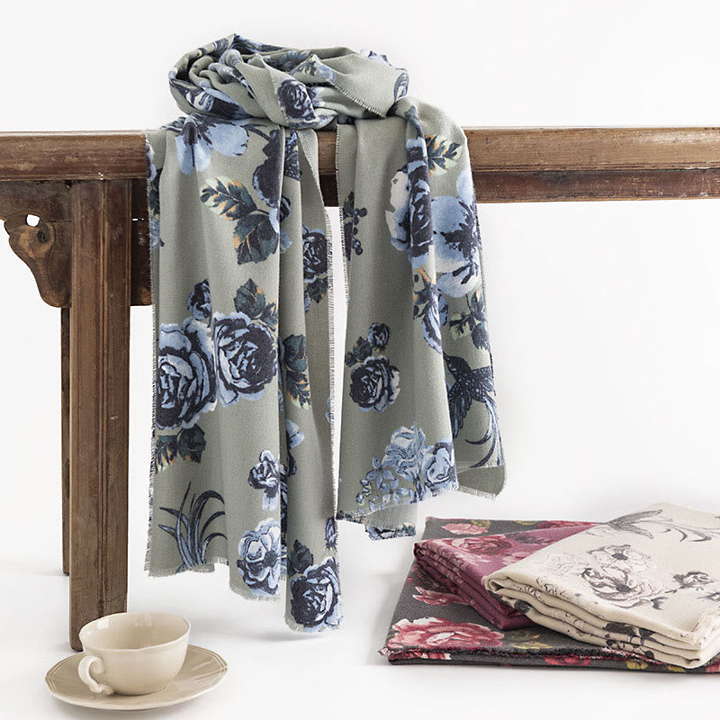 Buddha Stones Tybetański Szal Styl Ogrodowy Różany Kwiat Nadruk Jesień Zima Miękki Ciepły Szalik Otulacz - PaleGreen 180*65cm - image 0