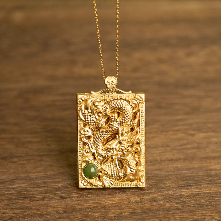 Naszyjnik Buddha Stones Smoka Złocona Miedź Hetian Jade Siła Wisiorek - Pozłacany miedziany smok z hetańskiego jadeitu - image 1